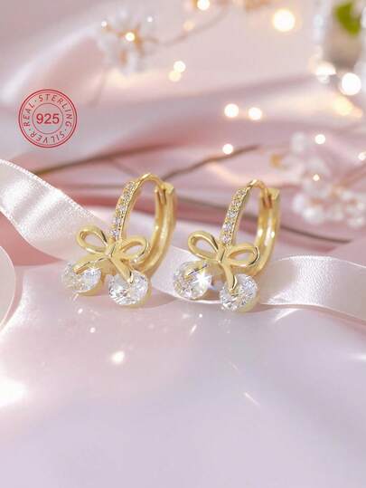 Artepollo 1 para kolczyków dziecięcych z kokardką, hipoalergicznych, ze srebra próby 925, inkrustowanych błyszczącymi cyrkoniami, delikatnych i uroczych, w opakowaniu prezentowym, prezent dla dzieci, dziewcząt, prezent urodzinowy dla przyjaciół, prezent na powrót do szkoły