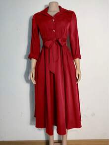 Plus Size Solid Button Front Long Sleeve Shirred Waist Long Dress, Minimalist Style - Burgundy - View 3
