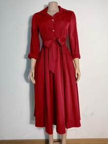 Plus Size Solid Button Front Long Sleeve Shirred Waist Long Dress, Minimalist Style