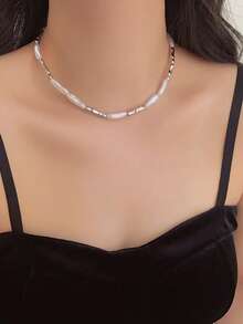 1pc Metallic Faux Pearl Design Necklace, Fashionable Versatile Choker For Women To Wear To Party, Evening Event, Holiday - Necklace - View 7