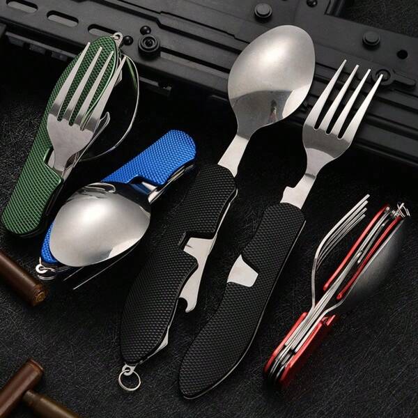 3 In 1 Stainless Steel Camping Utensils - Fork, Spoon, Knife And Bottle Opener - Portable Folding Pocket Set For Hiking, Survival And Travel - Available In Black, Red, Green, Blue