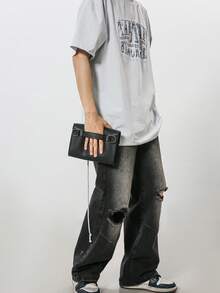 韩版简约PU翻盖信封包，优质质感斜挎胸包单肩包小方包老款街头潮流 - 黑色 - 查看 4