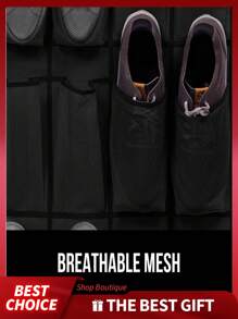 [1pc](Black) Over The Door Shoe Organizer 12/28/35 Mesh Pockets (145cm*32cm/57"*13", 180cm*48cm/71"*19", 170cm*67cm/67"*26") - 4.23/7.16/10.26oz Polyester Non-Woven Storage Bag For Sneakers,Heels,Sandals,Toys - Space Saving Hanging Closet Organizer With Reinforced Hooks,Modern Minimalist Design For Home