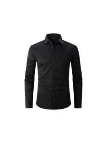 1 pièce Chemise noire d'affaires pour homme, résistante aux faux plis, col, coupe slim, manches longues, col brodé, convient pour le port au bureau