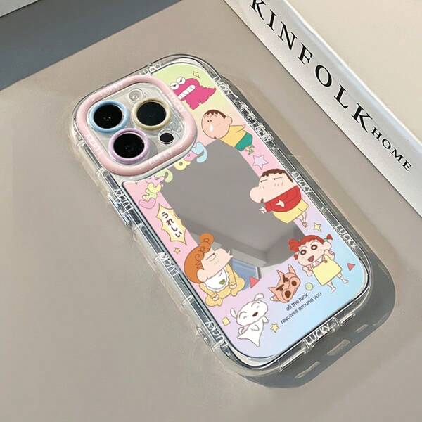 bandai 1 pezzo Custodia per telefono con specchio intagliato di Nohara Shinnosuke, compatibile con il modello 16 Pro Max, custodia per telefono graziosa e pratica con specchio, adatta per truccarsi e per uso quotidiano