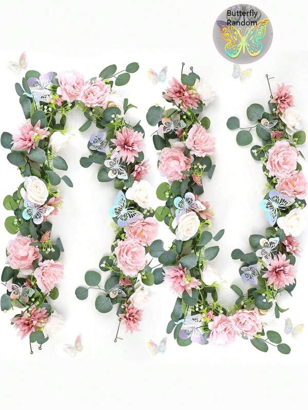 1PC Pink Artificial Rose Vine 70.86Inch Spring Hanging Flower Vine Green Eucalyptus Plant Wreath Butterfly Decoration Suitable For Wedding Party Background Arched Garden Porch Wall Staircase Fireplace Dining Table Home Seasonal Decoration Mother's Day Gift Gifts Birthday Graduation Home Decor Back To School Room Decor School Supplies