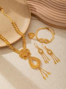 4 pièces/set Bijoux de mode pour femmes à ton doré de Dubaï, en alliage de cuivre 24 carats, collier, accessoires du Moyen-Orient