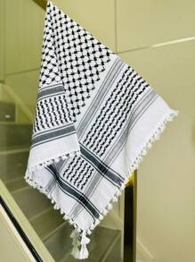 Designer Style Black & White Geometric Pattern Casual Head Scarf/Neck Scarf, Linear Flower Fringe Edging, Suitable For All Seasons