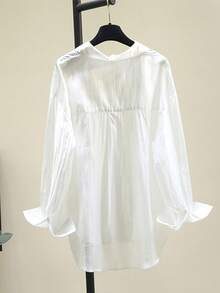 Blusa unicolor de manga larga con hombros caídos, un solo pecho, casual, suelta y semitransparente para mujer - Blanco - Ver 3