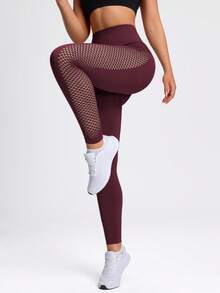 1 szt. bezszwowe legginsy z wysokim stanem i siateczkowymi wycięciami po bokach, oddychające i wygodne spodnie do jogi odpowiednie dla kobiet uprawiających sporty na świeżym powietrzu, jogę i fitness wiosną - Kasztanowy - Zobacz 4