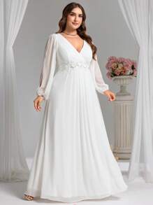 EVER-PRETTY Plus Applicaties Ritssluiting op de rug Lange mouwen Bruidsdouchejurk Wit Elegante Formele Avond Prom Bruiloftsgastjurk, Voor Afstuderen, Diner