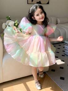 Young Girl Princess Dress, Colorful High-End Rainbow Mesh Skirt, Fluffy Skirt, Puff Sleeves, The Skirt Is Very Cute, Suitable For Various Party Occasions, Performance Competitions, Etc - Pink - View 4