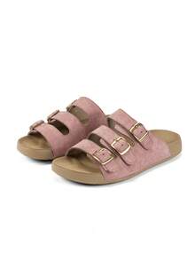 New Spring/Summer Metal Buckle Slip-On Sandals, Comfortable Versatile Non-Slip Chunky Sole Rivet Women Shoes - Pink - View 7