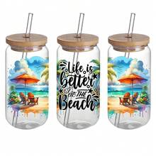 4 piezas de pegatinas de transferencia UV DTF con tema de playa de verano, resistentes al agua y a los arañazos, adecuadas para frascos de vidrio de 16 onzas y proyectos DIY, con hermosos patrones, pegatinas de transferencia - Multicolor - Ver 3