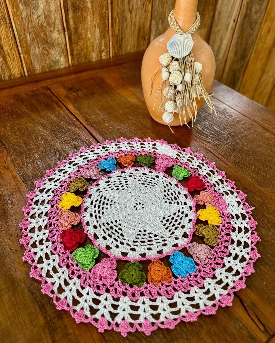 Small Round Spring Tray Towel 45cm Handmade Crochet - Rose - View 1
