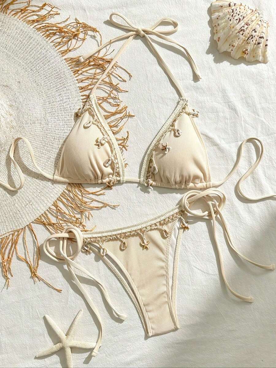 Sexy Halter Tie-Up Tassel Triangle Bikini Set - Beige - View 1