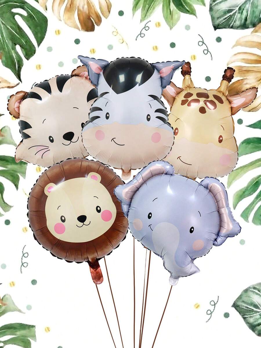 1/5/15pcs Cute Wild Animal Head Foil Balloon Set, Includes Elephant, Lion, Tiger, Zebra, Giraffe, Vintage Green & Brown Latex Balloons, Suitable For Birthday Party Decor, Jungle Party Decor, Animal Theme, Wedding, Proposal, Festival Celebration, Graduation, Baby Shower, Carnival, Animal Zoo Party Decor, Home Decoration Balloons