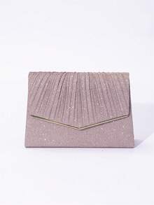 1pc Solid Color V-Edge Glitter Diagonal Clutch Bag, Simple & Elegant Evening Handbag For Women Party, Wedding, Daily Use - Dusty Pink - View 2
