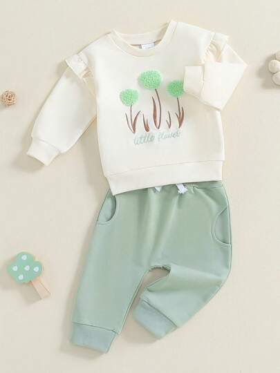 Toddler Baby Girl Fall Outfit Floral Embroidered Ruffle Long Sleeve Sweatshirt + Solid Color Sweatpants Infant 2Pcs Clothes Set