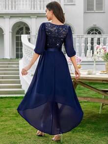 MIUSOL V 领亮片蕾丝泡泡袖高低下摆晚会长裙婚礼宾客礼服舞会礼服 - 藏蓝色 - 查看 3