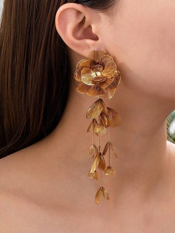1 Par de Brincos Elegantes de Gota com Formato de Pétala Floral, Design Exagerado, Elegante e Único, Brincos de Alta Qualidade para Mulheres
