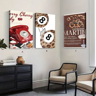 1pc/3pcs Set Vintage Originality Canvas Posters,Red Landline Phone, Leopard Ball, Leopard Print Landline Phone - Leopard Print Canvas Wall Arts,For Living Room, Bedroom, Office, Coffee Shop, Bar, Hallway, Kitchen Wall Decoration, Home Decoration,NO Frame/Framed