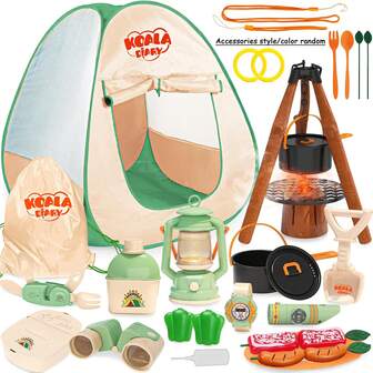 户外露营烹饪玩具套装、探险服装帽子灯笼炊具套件、互动游戏礼物，适合男孩和女孩