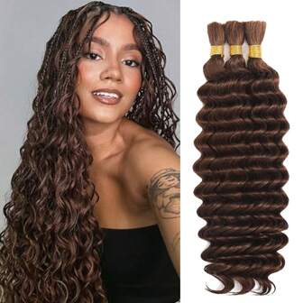 深波浪真人发束，适用于编织波西米亚风辫子，16-24 英寸卷发，自然色，无纬，3 束/包，100 克