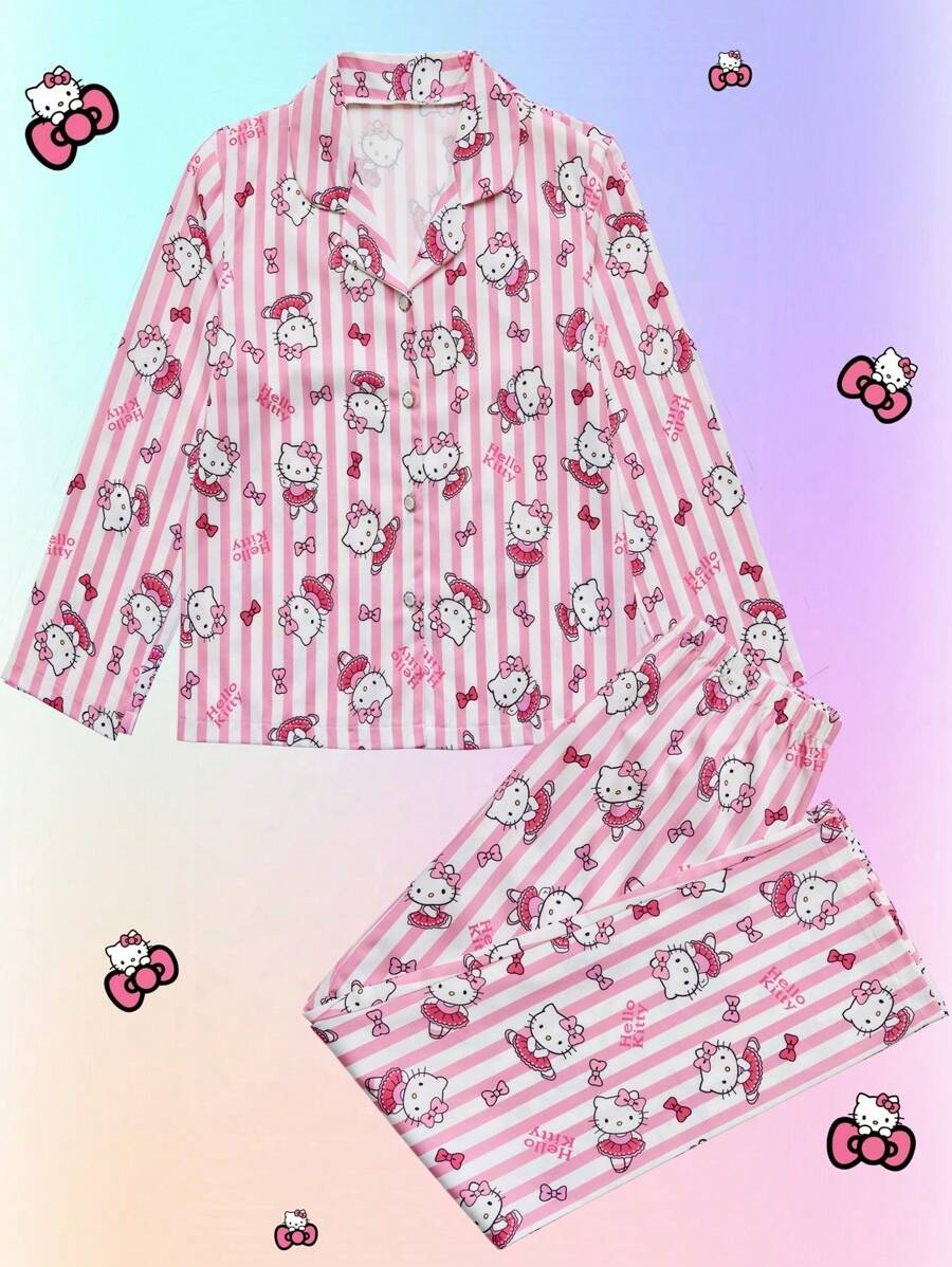 Sanrio 2 piezas Conjunto de pijama de manga larga con botones y estampado a rayas de  para niñas