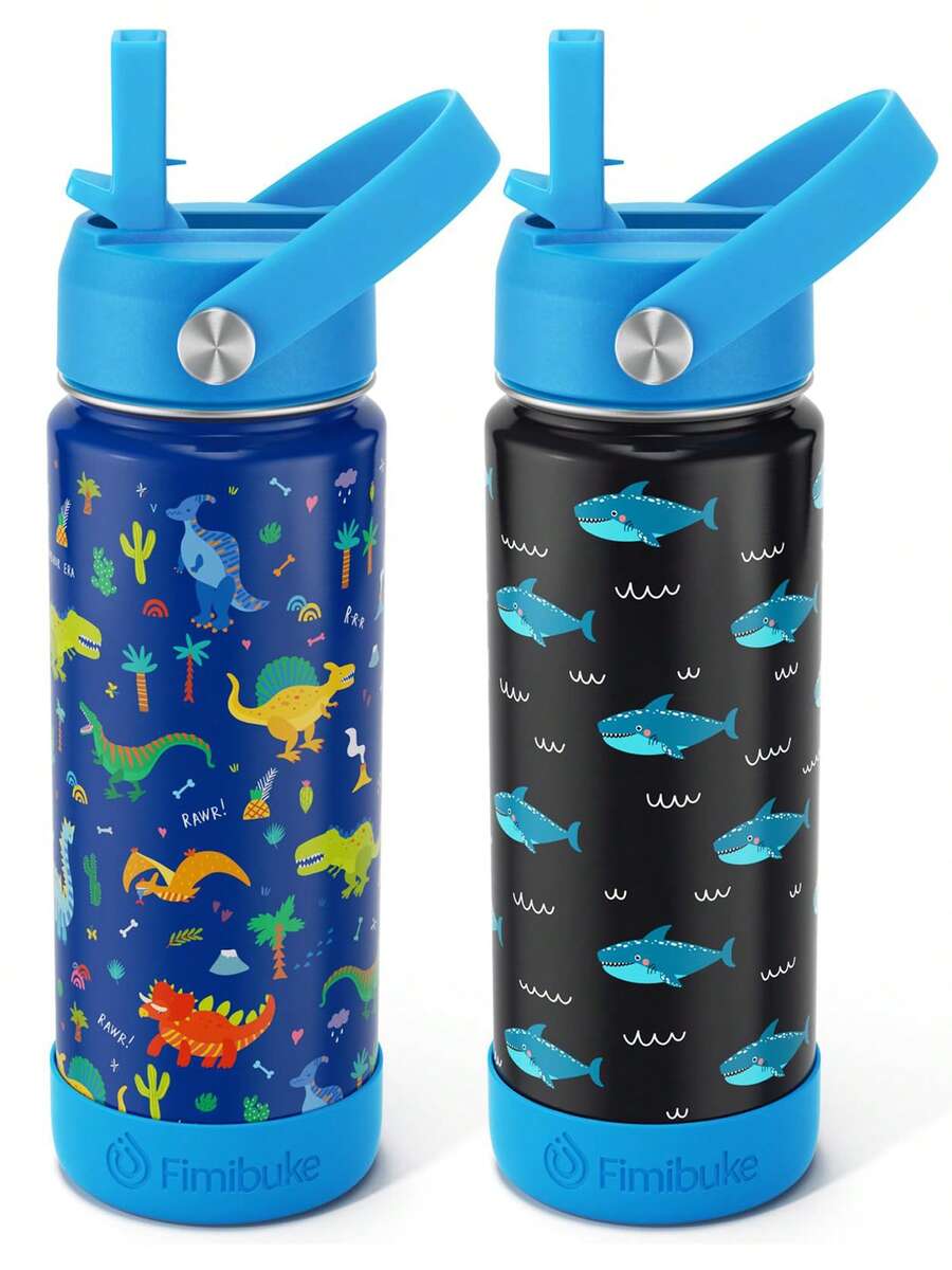 2 Packs Kids Insulated Water Bottle, 18oz Kids Cups With Straw Double Wall Vacuum Tumbler Stainless Steel Leak Proof Water Bottle Back To School