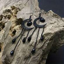 Luxury Black Tassel Long Crystal Moon Drop & Dangle Pendant Necklace - Exquisite Dark Gothic Style, Crescent Moon Light Design, Black Chain Vintage Gothic Boho Jewelry, Handmade, Simple Halloween Party Hip Hop Hippie Style, Unique Fashion Statement Witchy Accessory For Women, Daily Wear - Multicolor - View 9