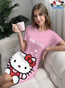 Sanrio Sanrio Hello Kitty Cartoon Print Short Sleeve Nightgown, Casual & Comfortable Summer Sleepwear Dress