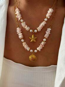 1pc Luxury Stainless Steel Shell & Starfish Necklace, Ocean Style For Women - Multicolor - View 1