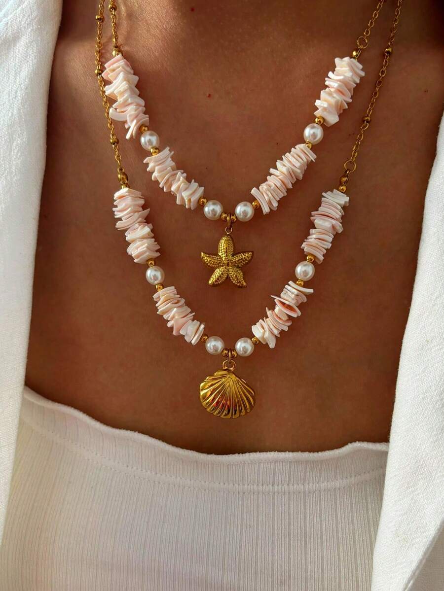 1pc Luxury Stainless Steel Shell & Starfish Necklace, Ocean Style For Women - Multicolor - View 1