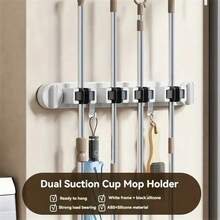 Wall Mounted Mop Holder Clip, No Drill Bathroom Hanger Hook, Storage Organizer Rack With Suction Cup
