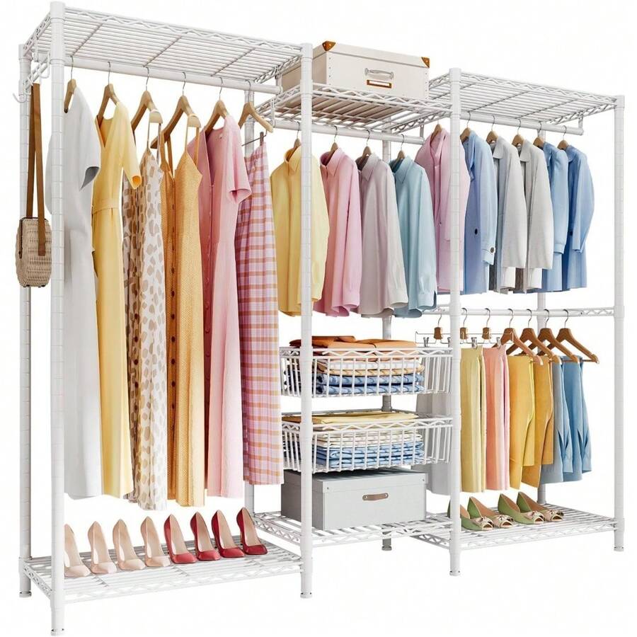 2025 NewRails, Heavy Duty Clothing Rail Clothing Garment Rack Coat Rails Coat Racks Freestanding Wardrobe Closet Rack With Hanging Rods, Adjustable Shelves And Storage Baskets, Black - White - View 1