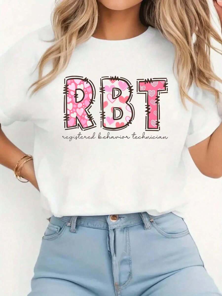 White Top, Women Rbt Valentine'S Day Registered Behavior Technician T-Shirt Women's Casual Short Sleeve Crew Neck T-Shirts - Perfect For Holiday Season And Outdoor Activities - trắng - Xem 1