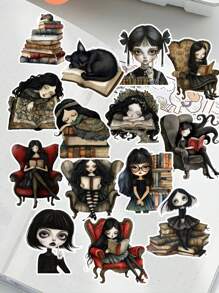 17 pezzi/18 pezzi Adesivi decorativi d'arte, ragazza divertente e vivace con trecce a doppia ciambella/lettrice gotica, adatti per scrapbooking artigianale, album, pianificatore, diario, cancelleria vintage, ideali per ritagli, diari, laptop, progetti fai-da-te