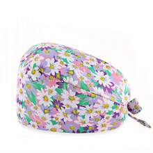1 pieza Gorro de enfermera con estampado digital de flores, animales y corazones sobre fondo rosado, de mezcla de algodón. Adecuado para médicos, enfermeras, salones de belleza, hospitales veterinarios y profesionales de limpieza. Anti-bacterial y anti-polvo