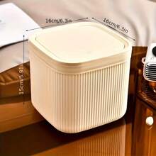 Square Press Type Mini Trash Can Quiet Close Elegant Ribbed Design With Golden Accents Plastic Desktop Bin Bathroom Home Use