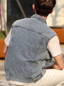Men's Light Blue Front Button Sleeveless Denim Jacket, Summer