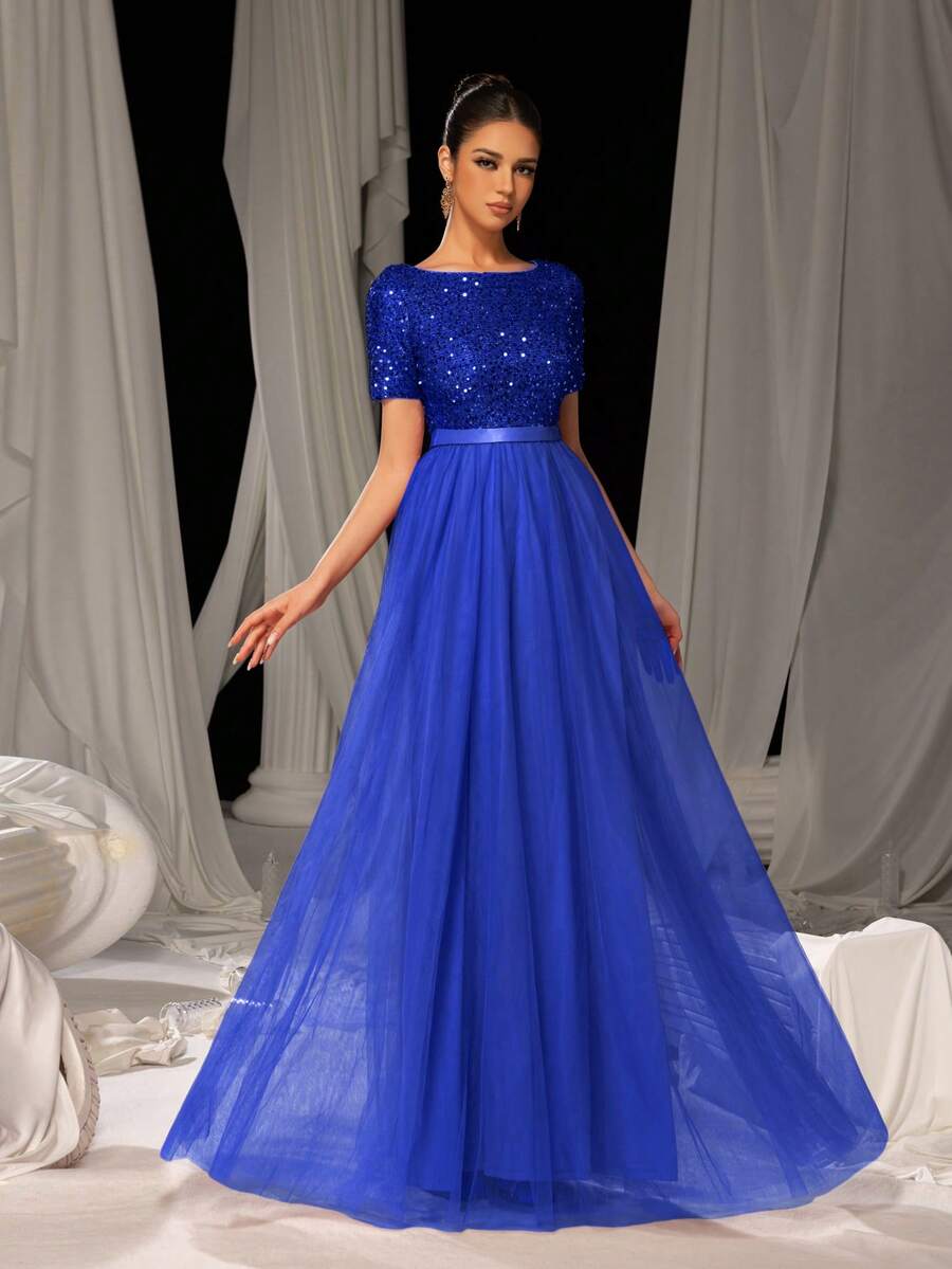 Faeriesty Elegant Formal Evening Gown With Sequin Embellished Bodice & Contrast Layered Tulle Hem | A-Line Prom Wedding Party Dress - Xanh đậm - Xem 1