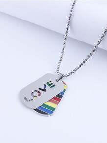 1pc Fashionable LGBT Rainbow Striped Geometric Charm Necklace, Rainbow Dogtag Necklace Double-Layer Colorful Titanium Steel Pendant, Gift For LGBT
