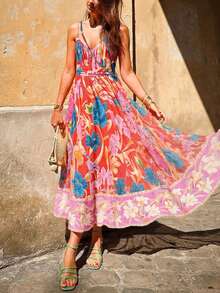 Damska sukienka typu boho na lato, plażę, kwiatowy nadruk, odkryte plecy, dekolt w serek, ramiączka spaghetti, na ramiączkach, odpowiednia na festiwale muzyczne, swobodną fotografię wakacyjną, ukończenie szkoły, stroje dla gości weselnych i imprezy - Wielokolorowe - Zobacz 3