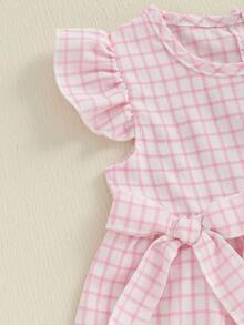 Toddler Baby Girls Dress Plaid Bowknot Decor Fly Sleeve Casual Dress Baby Summer Dress - Hồng - Xem 5