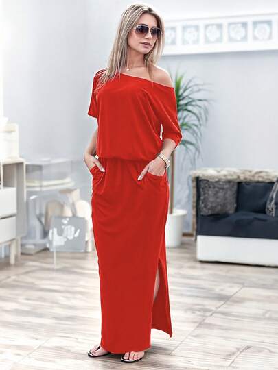 Vestido largo informal liso para mujer xally 57 con cuello asimétrico y dobladillo con aberturas, tejido elástico cómodo, mangas cortas regulares, estilo ajustado con bolsillos.