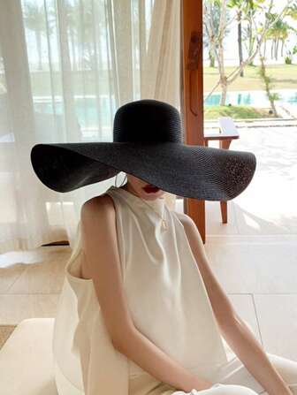1pc Women's 15cm/20cm Large Eaves Foldable Sunshade Beach Holiday Straw Hat
