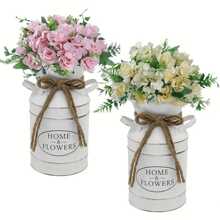 Vase à fleurs galvanisé vintage de style ferme - Pot de lait crème blanc délavé et patiné avec l'étiquette "Fleurs fraîches de la maison", parfait comme centre de table et décoration d'intérieur