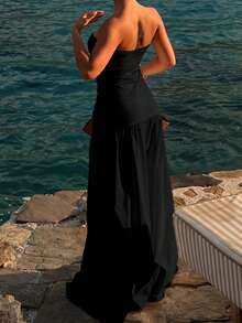 Twisted Bandeau Hollow Out A-Line Maxi Vacation Dress - Black - View 4