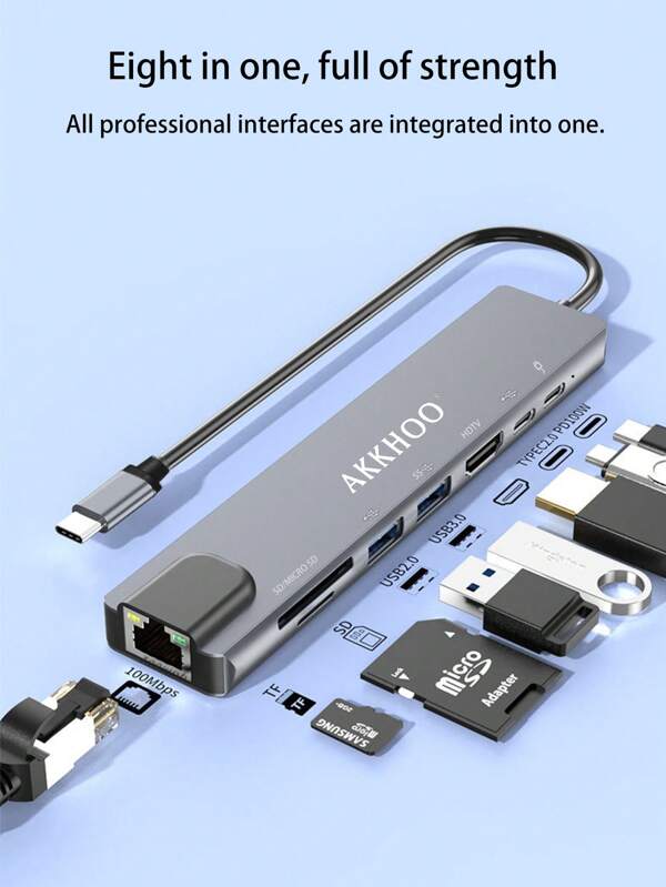 Concentrateur d'expansion 8 en 1 de type C pour ordinateur portable en alliage d'aluminium, avec port USB/disque dur externe, fentes pour cartes SD/TF, port Ethernet 100M, station d'accueil multifonctionnelle USB 3.0